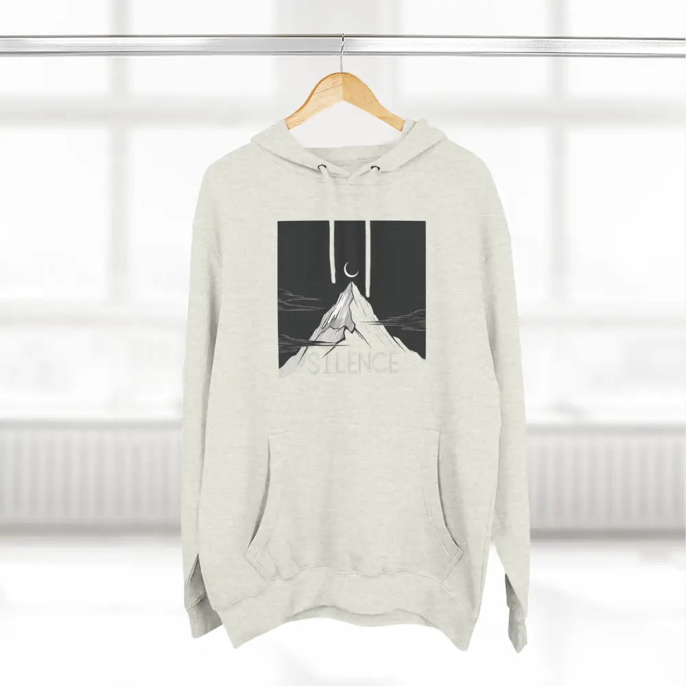 Off-white Mountain Vibes Fleece Unisex Hoodie with black and white mountain and moon graphic