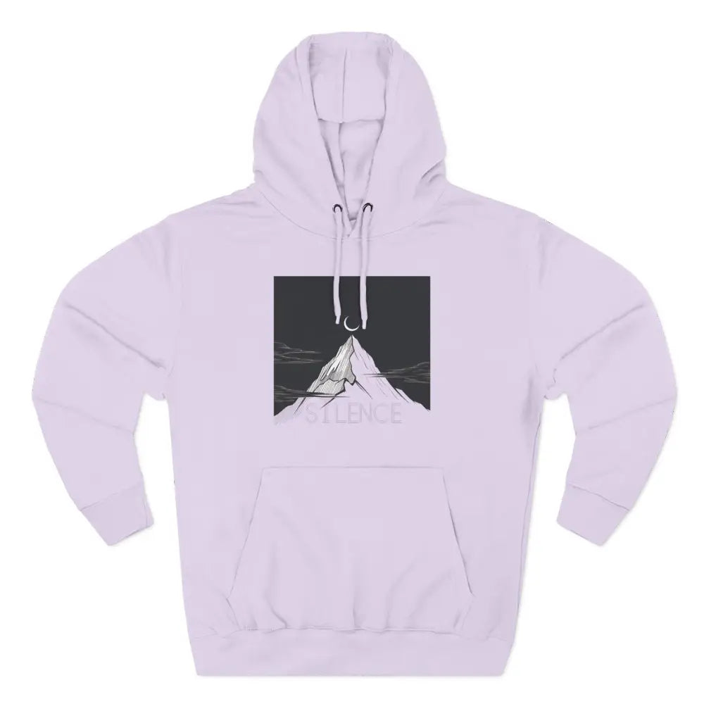 Light purple Mountain Vibes Fleece Unisex Hoodie with mountain and moon graphic, cozy outdoor style