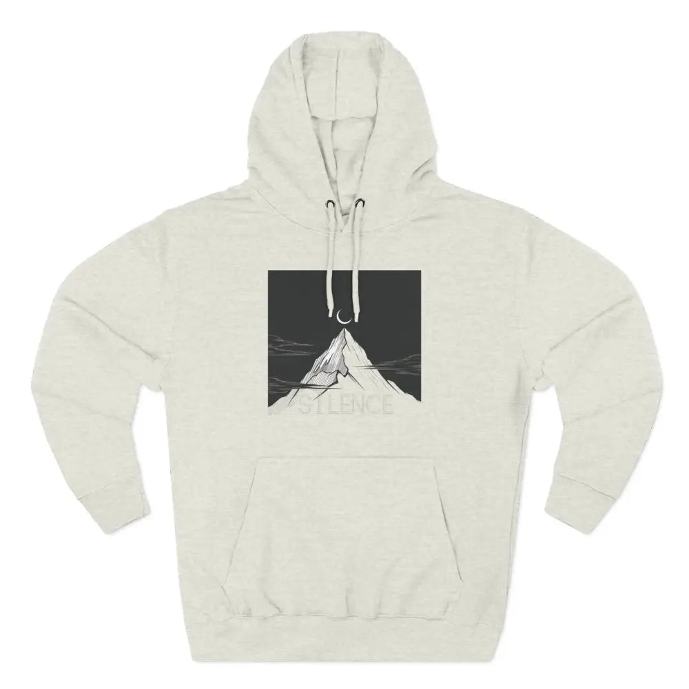 Cream-colored Mountain Vibes Fleece Unisex Hoodie with mountain and crescent moon graphic