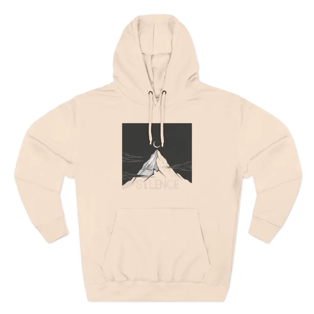 Cream-colored Mountain Vibes Fleece Unisex Hoodie with mountain and crescent moon graphic