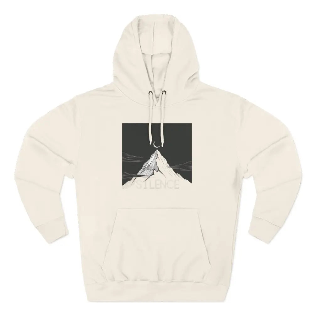 Cream-colored Mountain Vibes Fleece Unisex Hoodie with mountain and crescent moon graphic