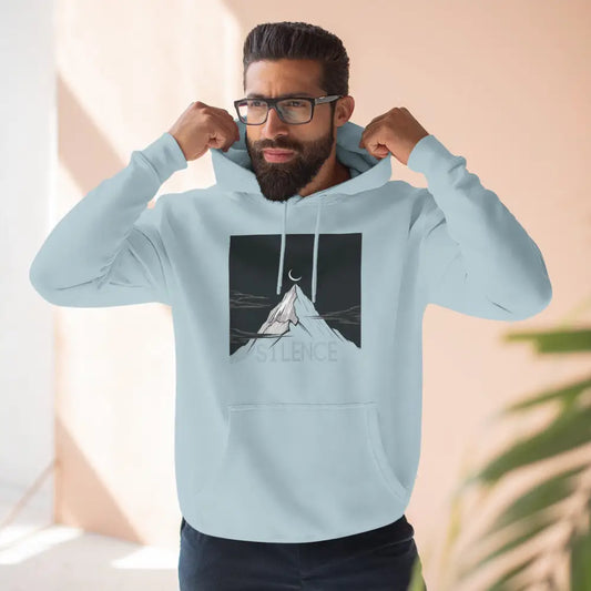 Light blue Mountain Vibes Fleece Unisex Hoodie with black and white mountain graphic