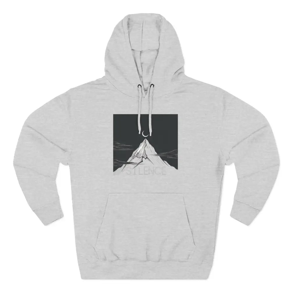 Light gray Mountain Vibes Fleece Unisex Hoodie with mountain and crescent moon graphic