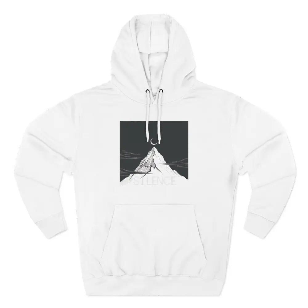 White hooded sweatshirt with mountain and crescent moon graphic, mountain vibes fleece unisex hoodie