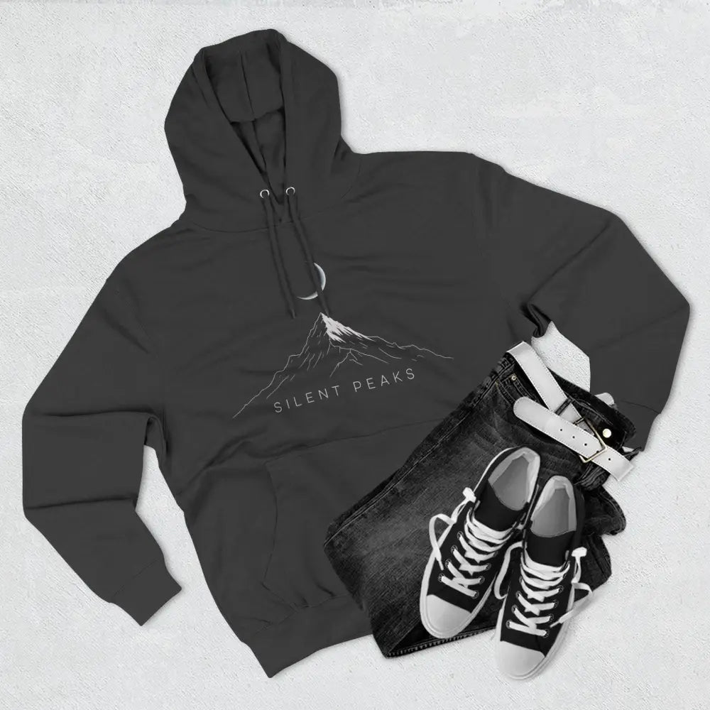 Dark gray Mountain Vibes fleece hoodie with white mountain and crescent moon graphic, machine wash max 30c