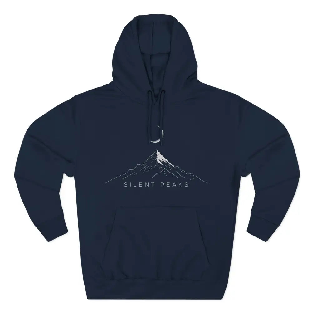 Dark blue Mountain Vibes fleece hoodie with mountain and crescent moon graphic, machine washable at max 30c