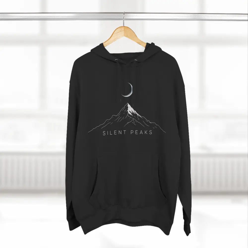 Black hooded sweatshirt with white mountain and crescent moon graphic, machine washable at max 30c