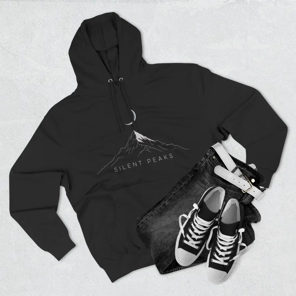 Black hoodie with white mountain and crescent moon graphic, machine wash max 30c, cozy outdoor wear
