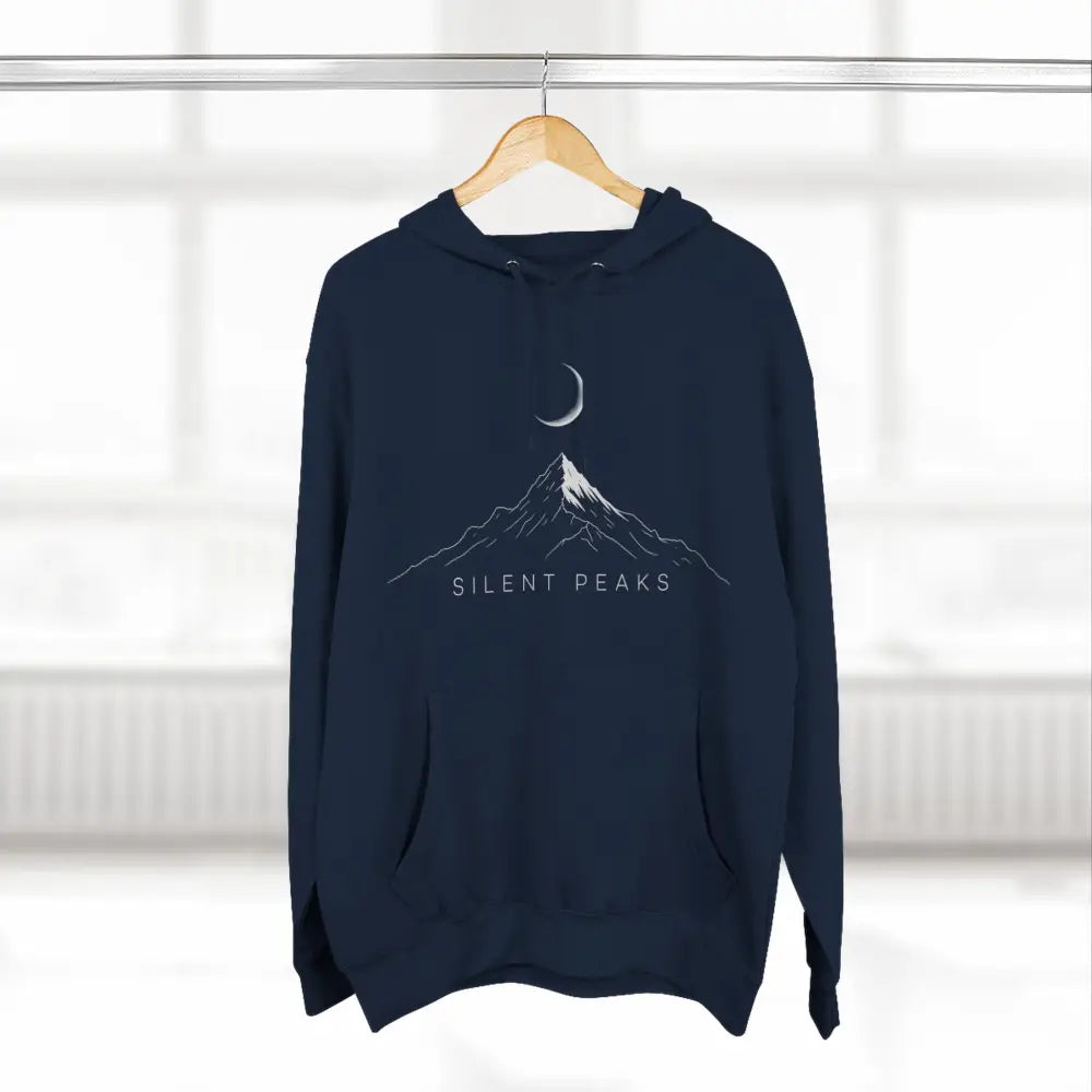 Navy blue Mountain Vibes fleece hoodie with mountain and crescent moon graphic, machine washable at max 30c