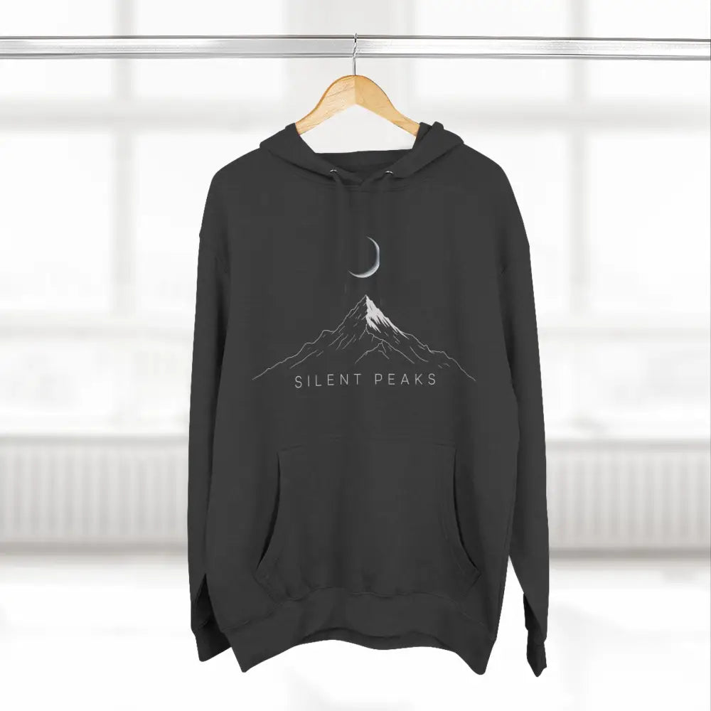 Dark gray Mountain Vibes fleece hoodie with white moon and mountain graphic, machine washable at max 30c