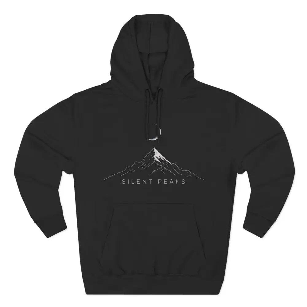Black hoodie with white mountain and moon graphic, machine wash low heat, cozy outdoor wear