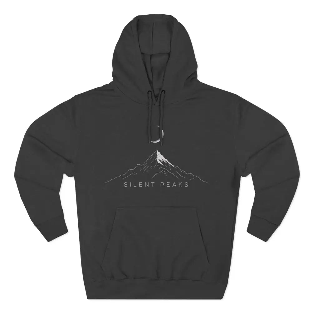 Dark gray Mountain Vibes Fleece hoodie with mountain and moon graphic, machine washable at max 30c