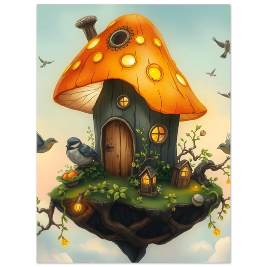 Whimsical mushroom house on floating island Aluminum Print Mushroom Skyhouse PixiOnyx Gloss