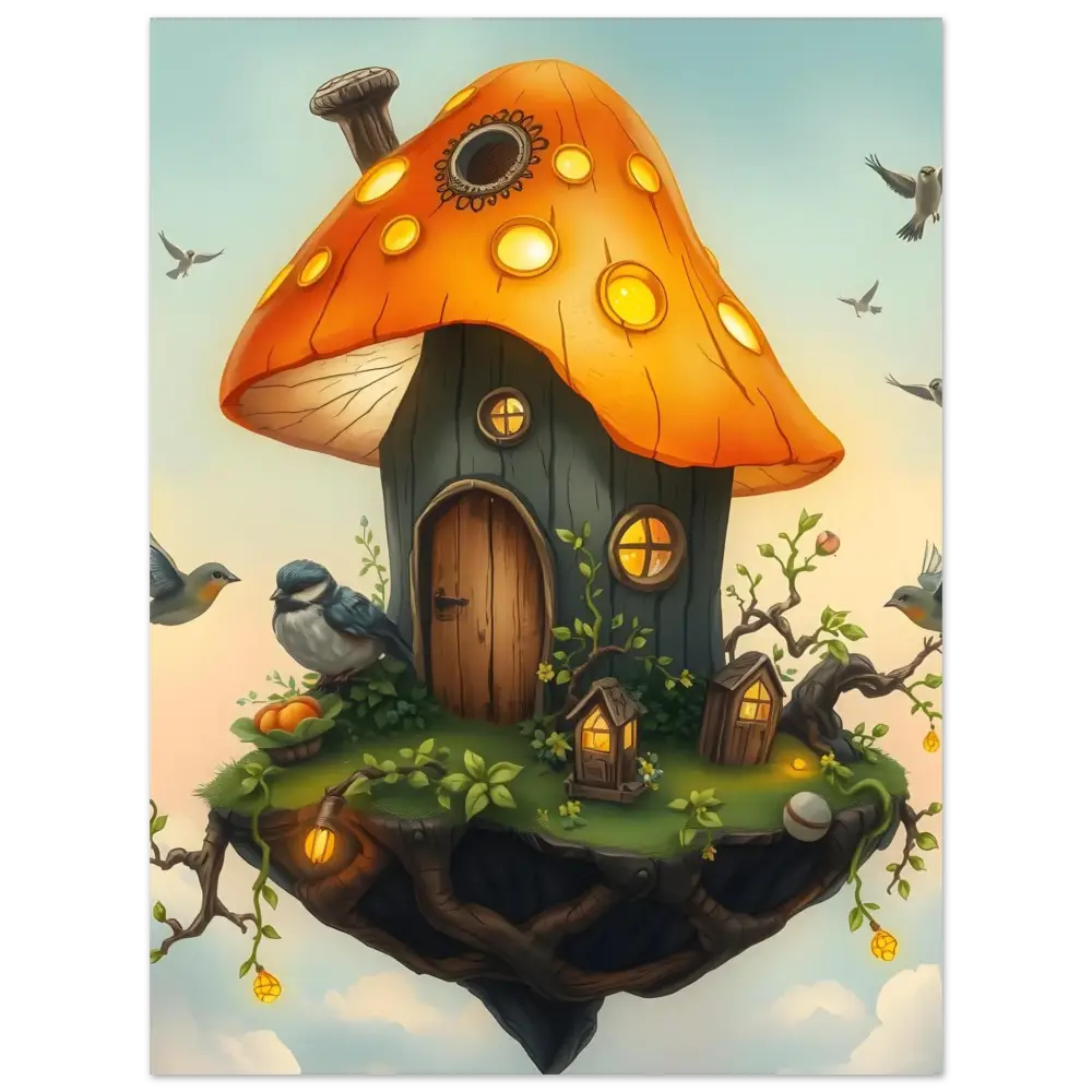 Whimsical mushroom house on a floating island for Mushroom Skyhouse Aluminum Print