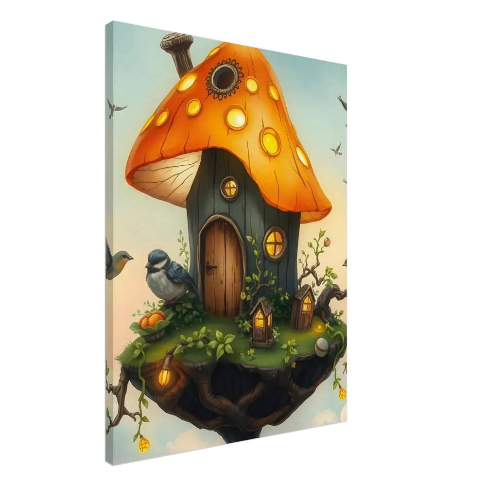 Whimsical mushroom house canvas showcasing a fantasy floating cottage art piece