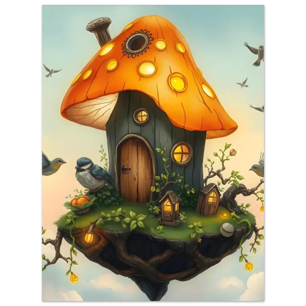 Whimsical mushroom house on floating island in PixiOnyx Mushroom Skyhouse Poster