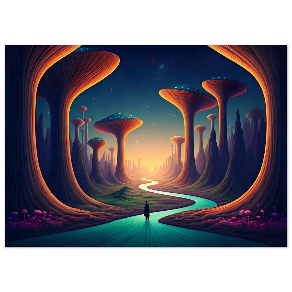 Surreal landscape with mushroom trees and winding river on Mushroom Valley Mindwalk Aluminum Print