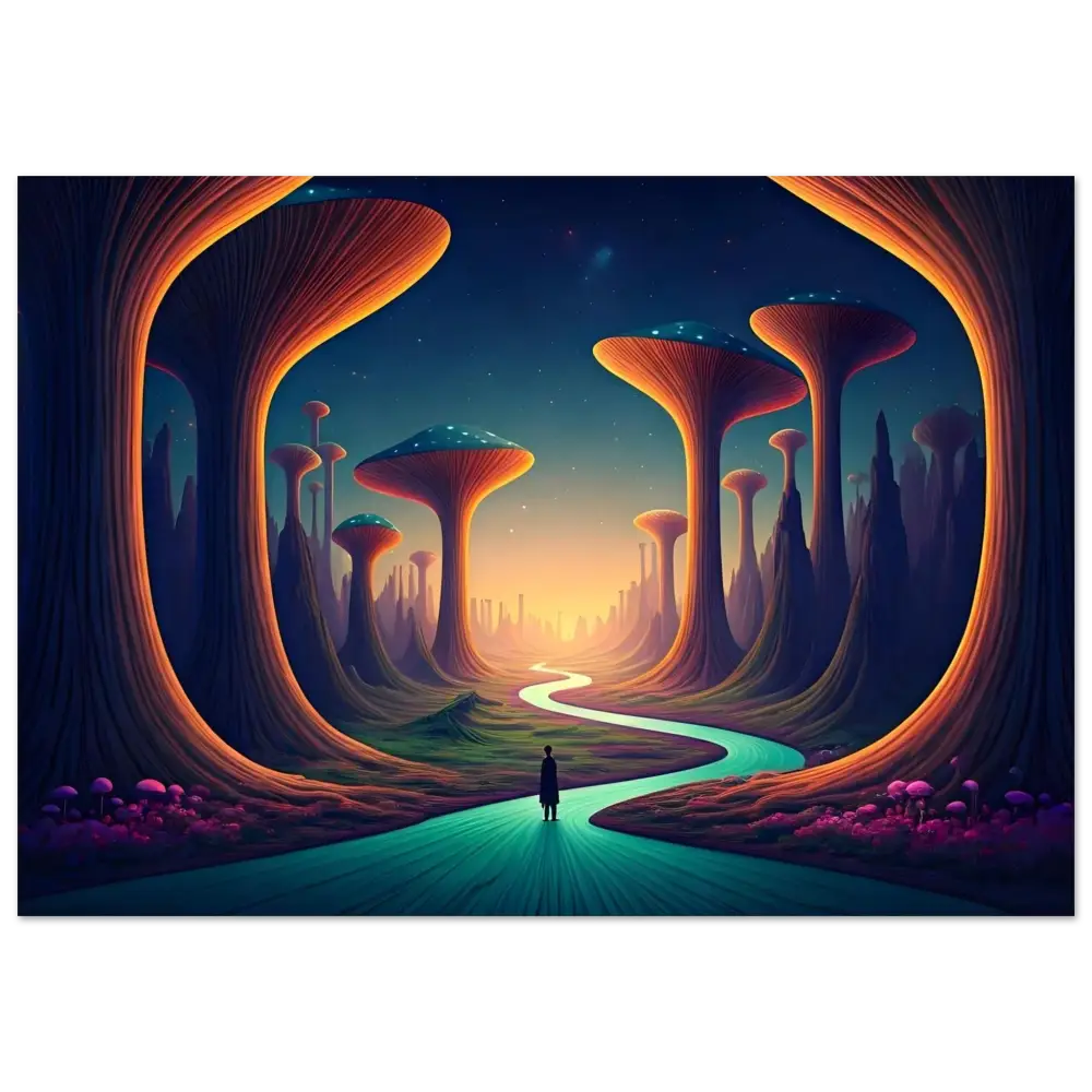 Surreal landscape with glowing mushroom trees on Aluminum Print Mushroom Valley Mindwalk PixiOnyx