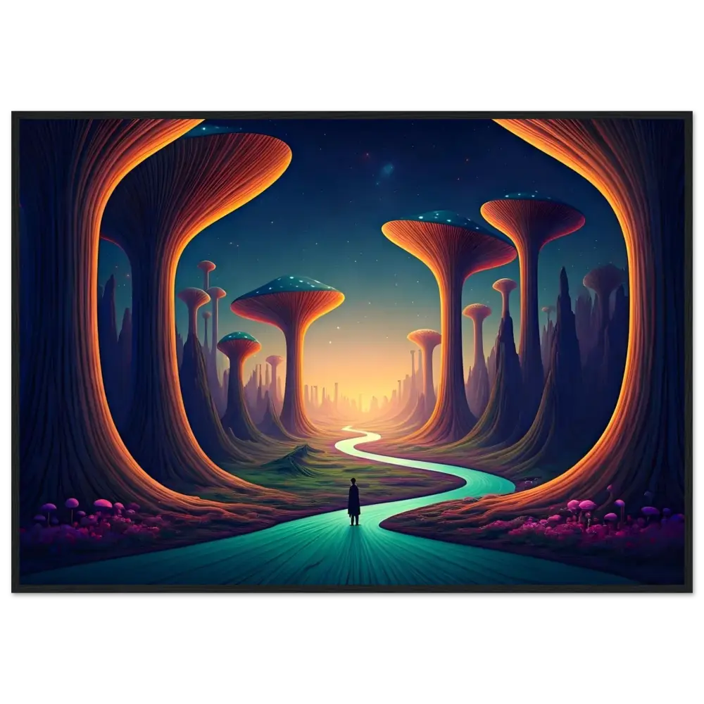 Surreal landscape with mushroom-like trees displayed in Mushroom Valley Mindwalk framed poster