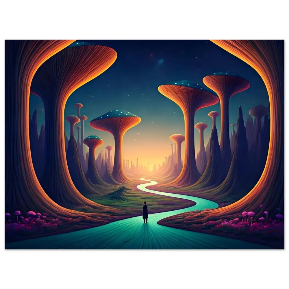 Surreal Mushroom Valley Landscape with winding river for Mushroom Valley Mindwalk Poster