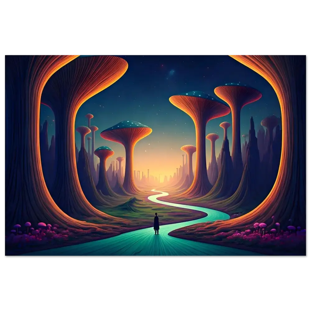 Surreal landscape with mushroom-like trees on Mushroom Valley Mindwalk Poster by PixiOnyx