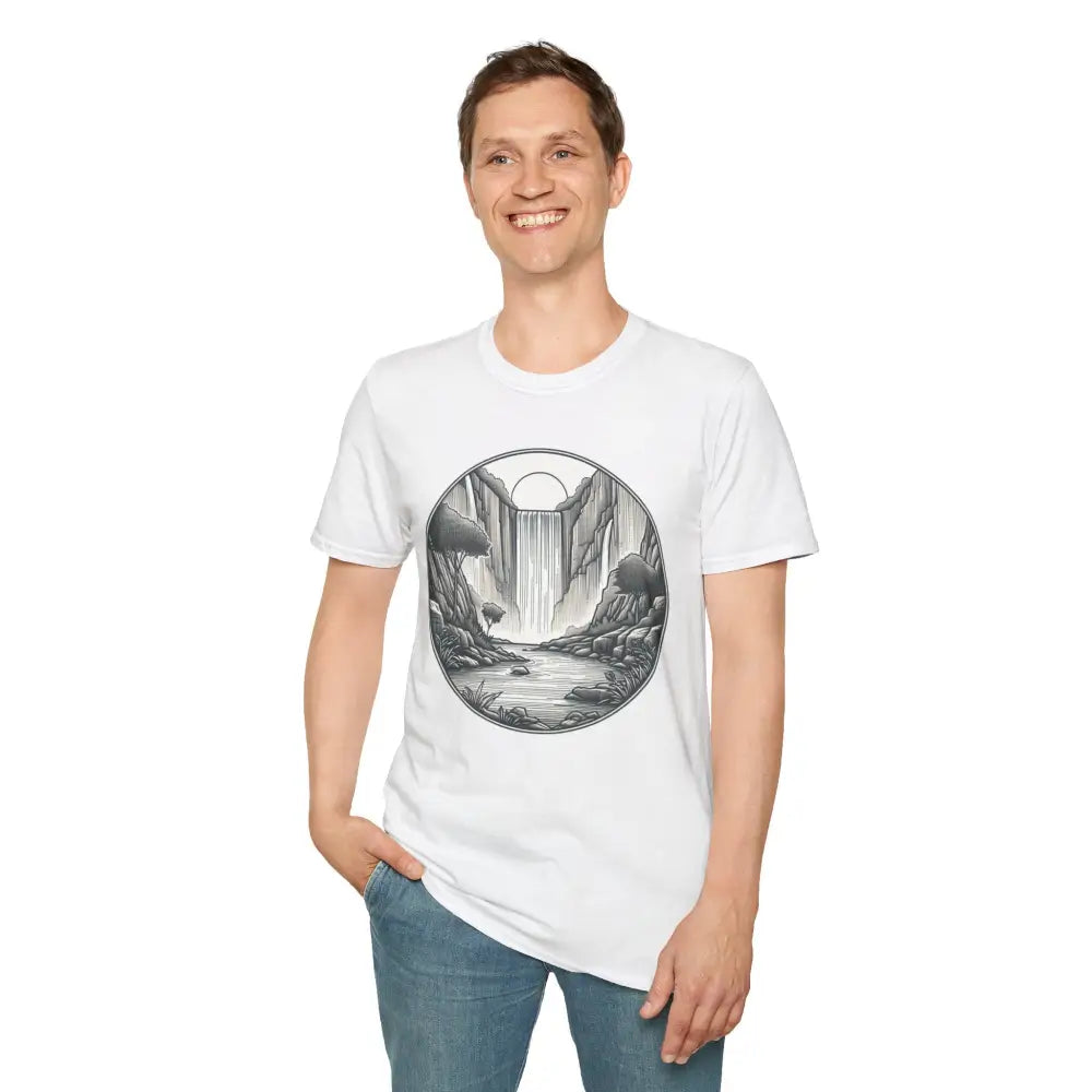 White unisex softstyle t-shirt with nature-inspired circular landscape graphic, ethically sourced material