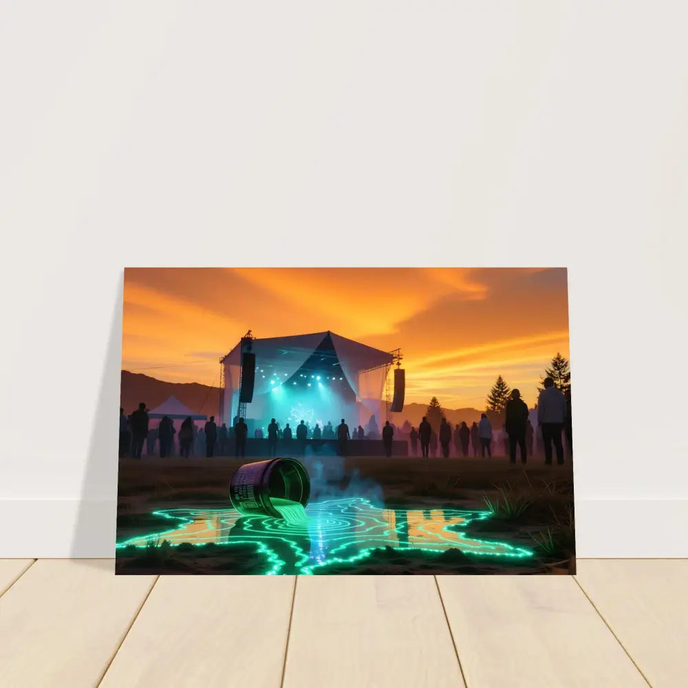 Framed concert scene with spilled neon liquid on Cosmic Sound Unleashed PixiOnyx art print