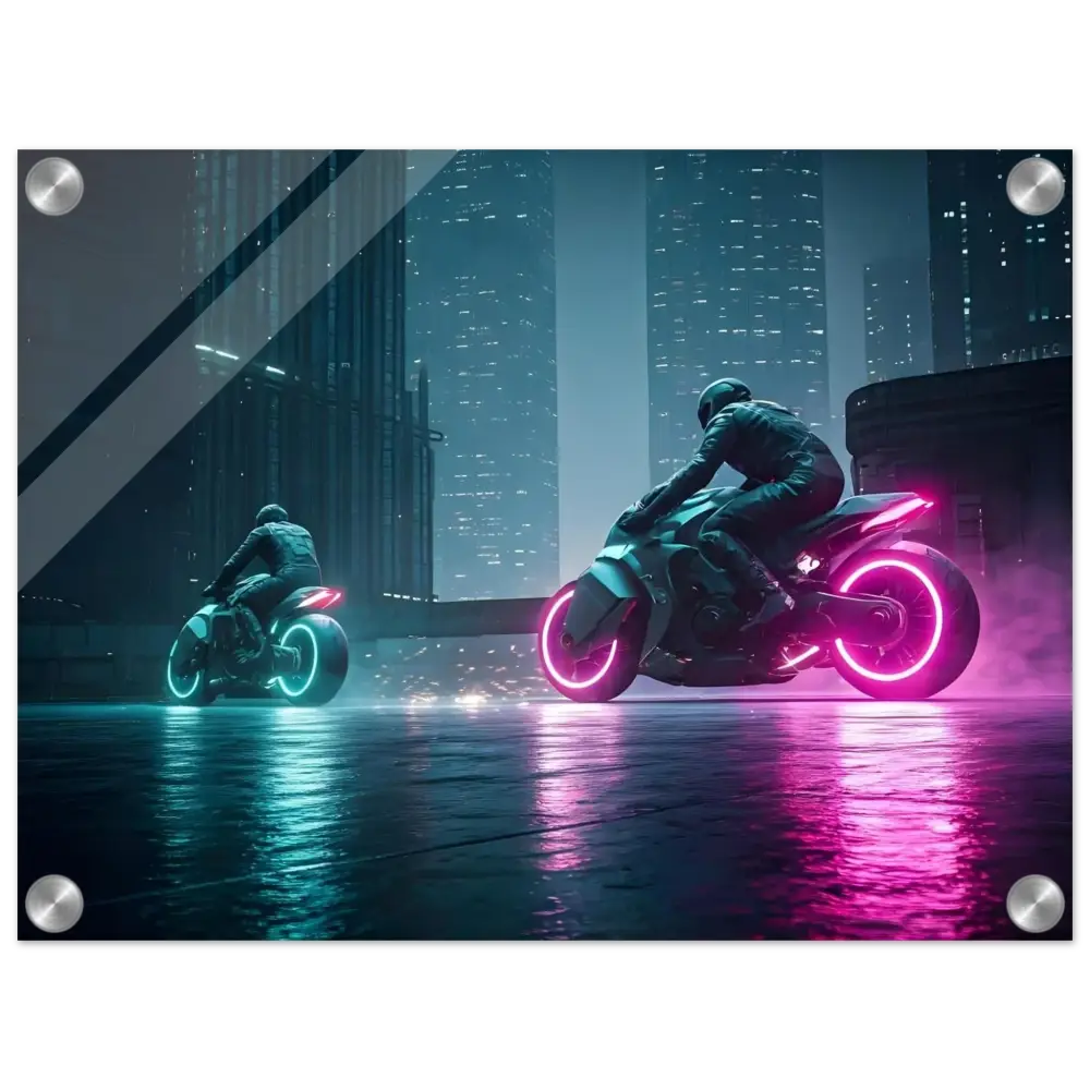 Futuristic neon motorcycles displayed in Neo Velocity Cyberpunk Showdown acrylic wall print