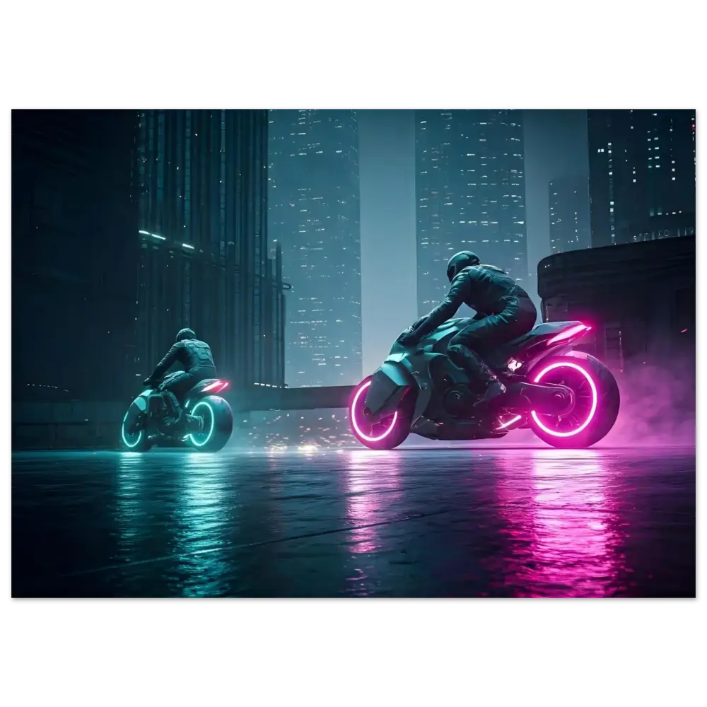 Futuristic neon motorcycles displayed on Aluminum Print in Neon Velocity Cyberpunk Showdown artwork