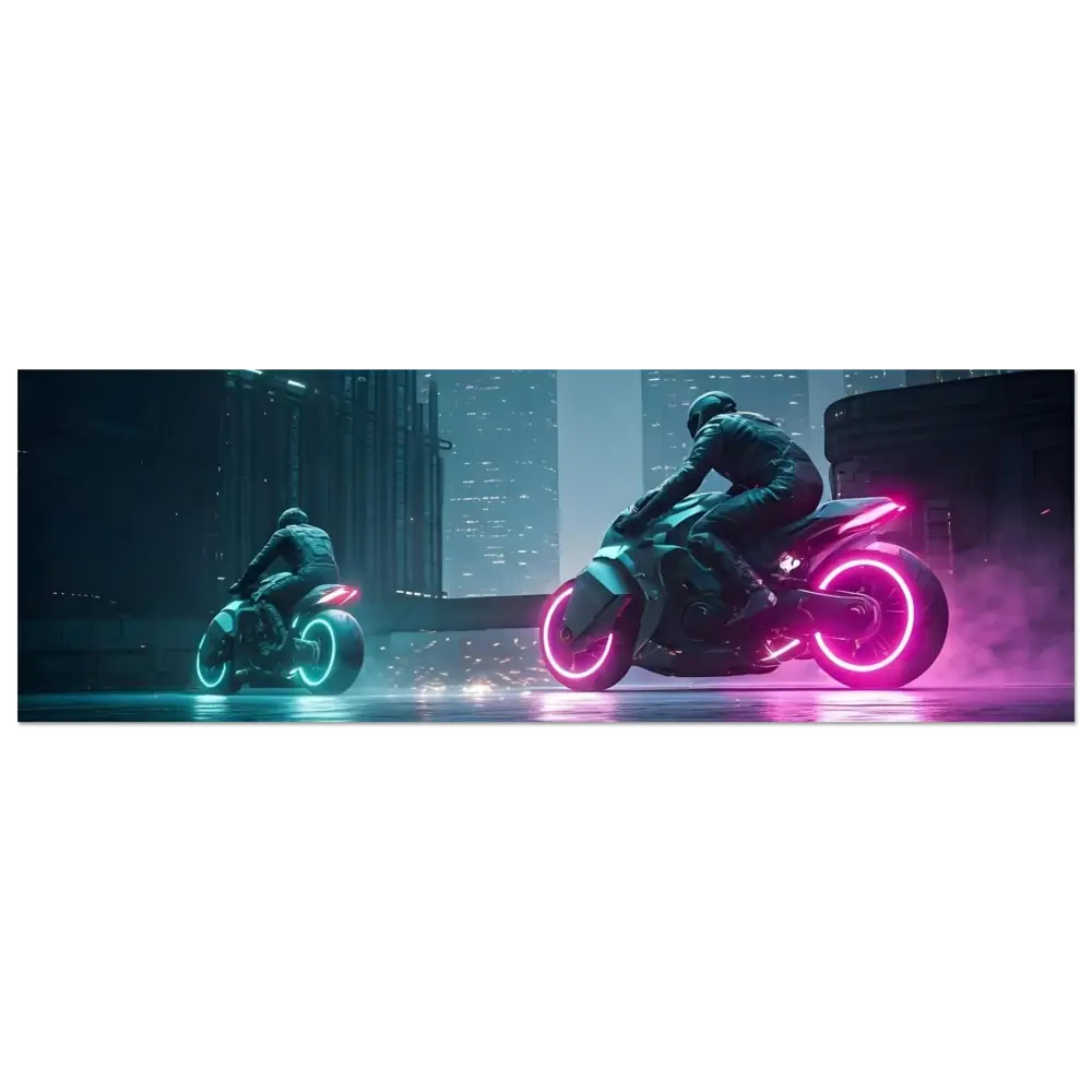 Futuristic neon motorcycles displayed as Aluminum Print in Neon Velocity Cyberpunk Showdown