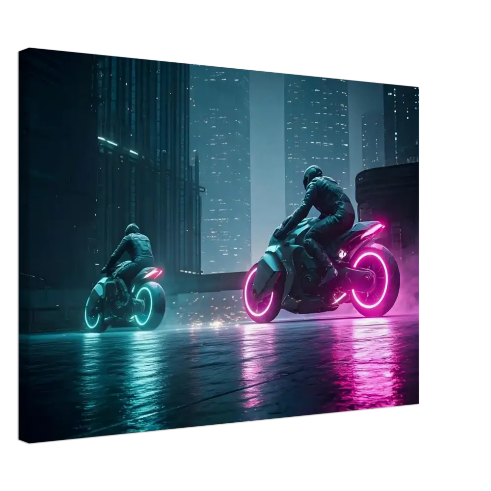 Futuristic neon motorcycles illuminated in a Cyberpunk cityscape for Neon Velocity Wall Art