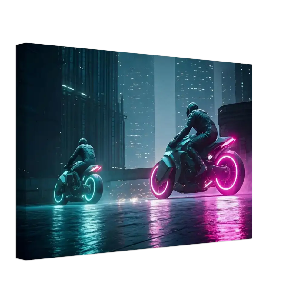 Futuristic neon motorcycles displayed in Neon Velocity Cyberpunk Showdown Canvas Wall Art