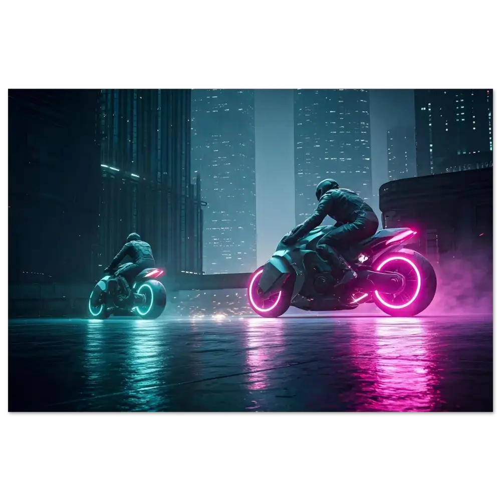 Futuristic neon motorcycles depicted in a cyberpunk-themed fine art print by PixiOnyx