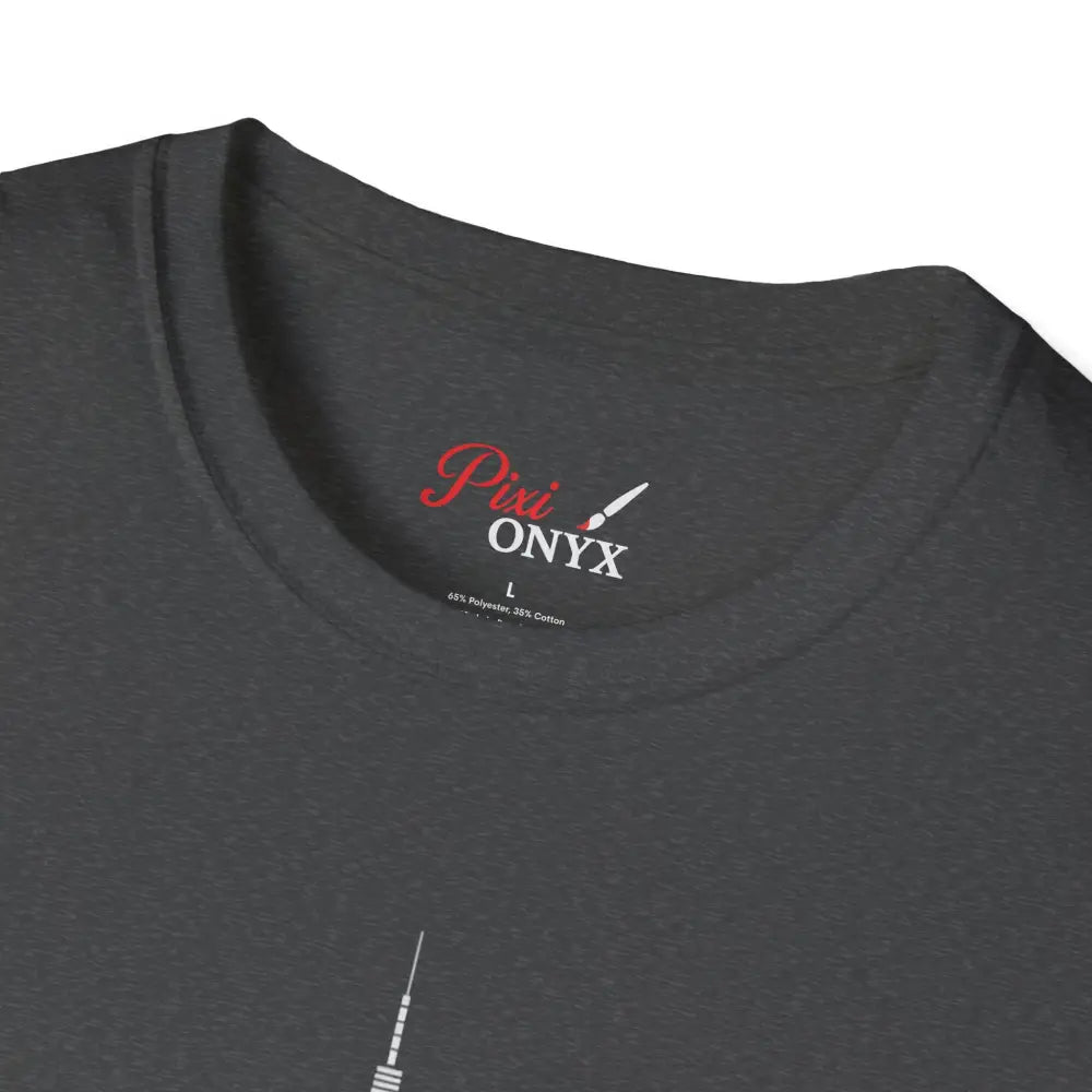 Dark gray short-sleeved T-shirt with red and white NYC skyline logo, machine wash friendly