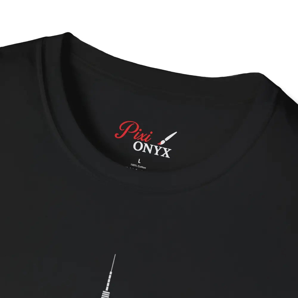 Black crew-neck T-shirt with white NYC skyline graphic, machine washable, low heat tumble dry