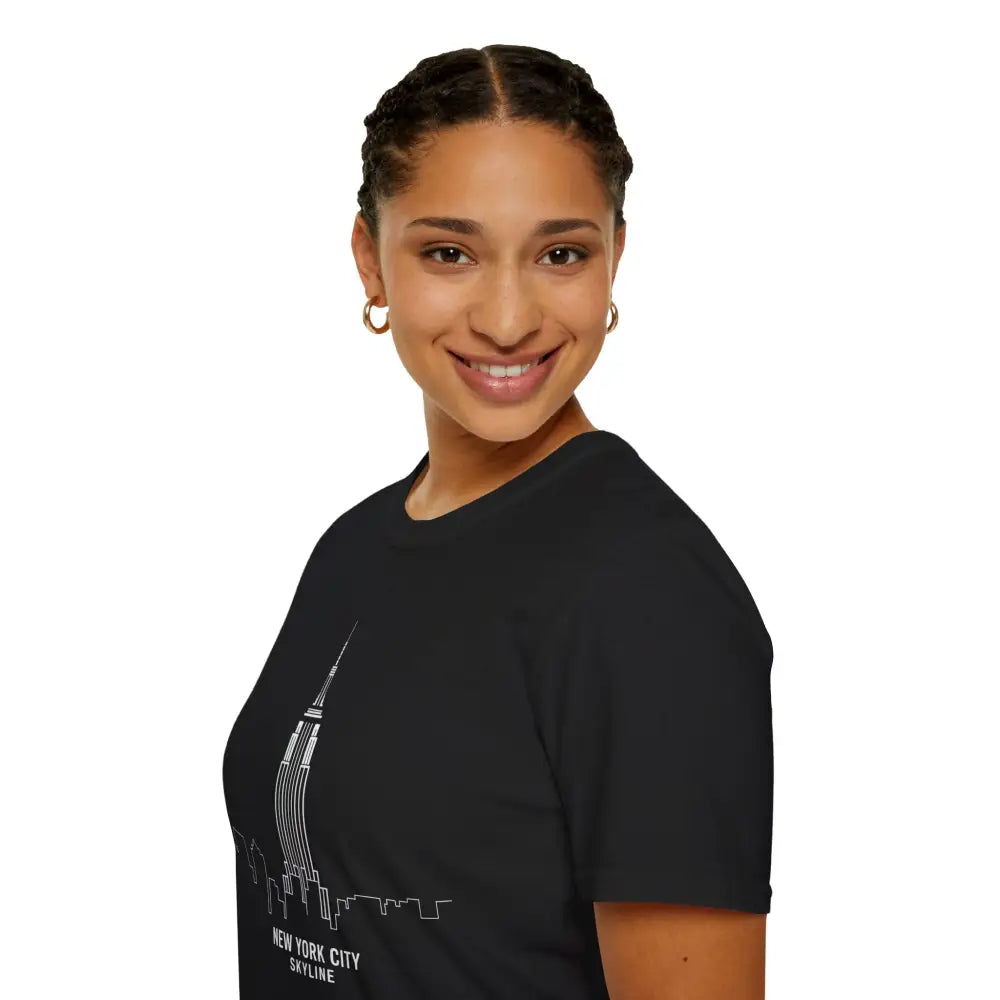 Black T-shirt with white New York City skyline graphic, machine washable, low heat tumble dry