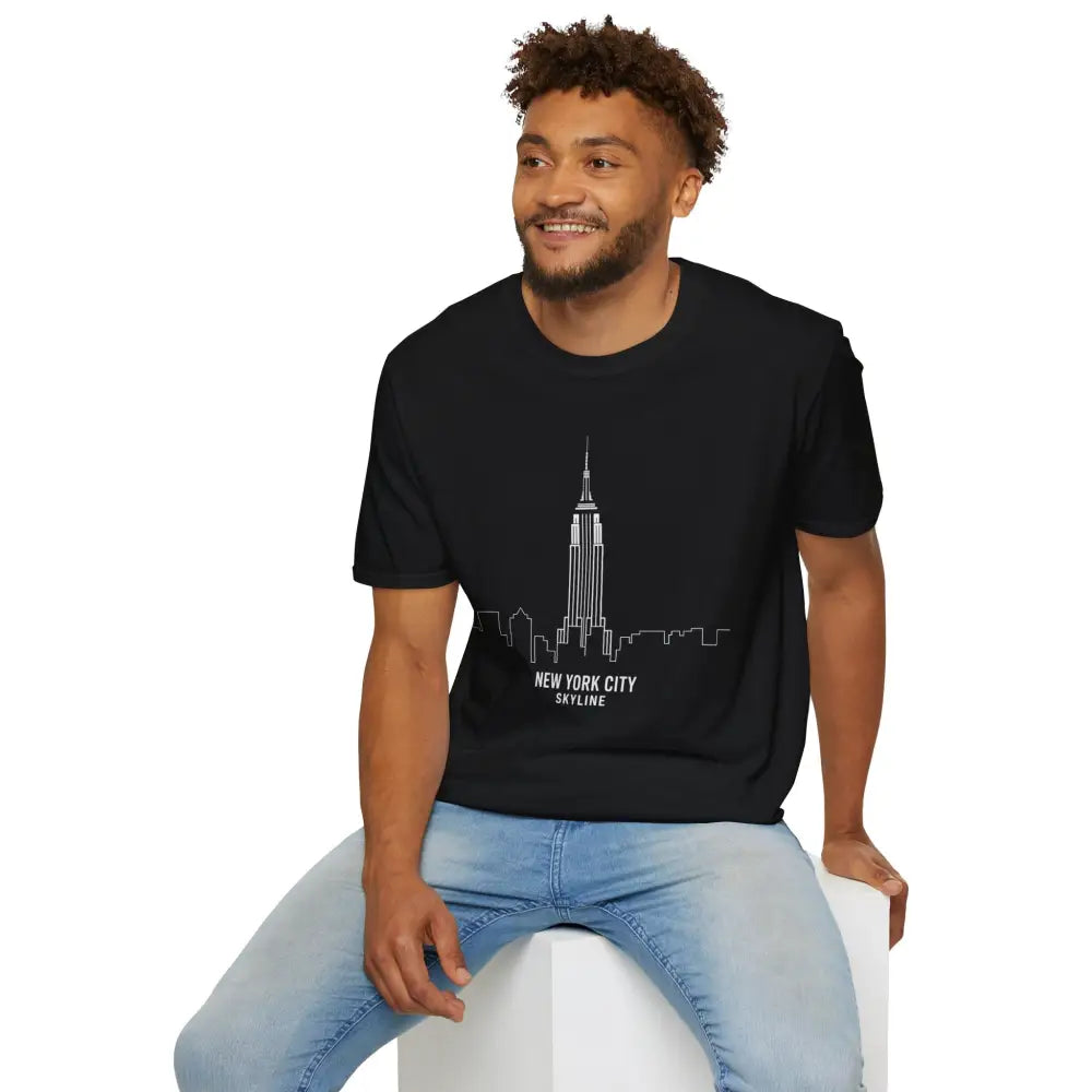 Black New York City Skyline T-Shirt with white line drawing, machine washable and tumble dry friendly