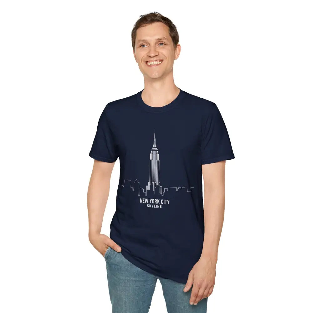 Smiling man wearing navy NYC skyline T-shirt, machine wash, tumble dry, low heat friendly