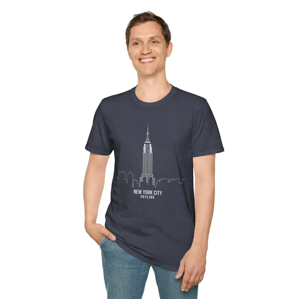Man wearing a navy unisex softstyle t-shirt with white Empire State Building outline