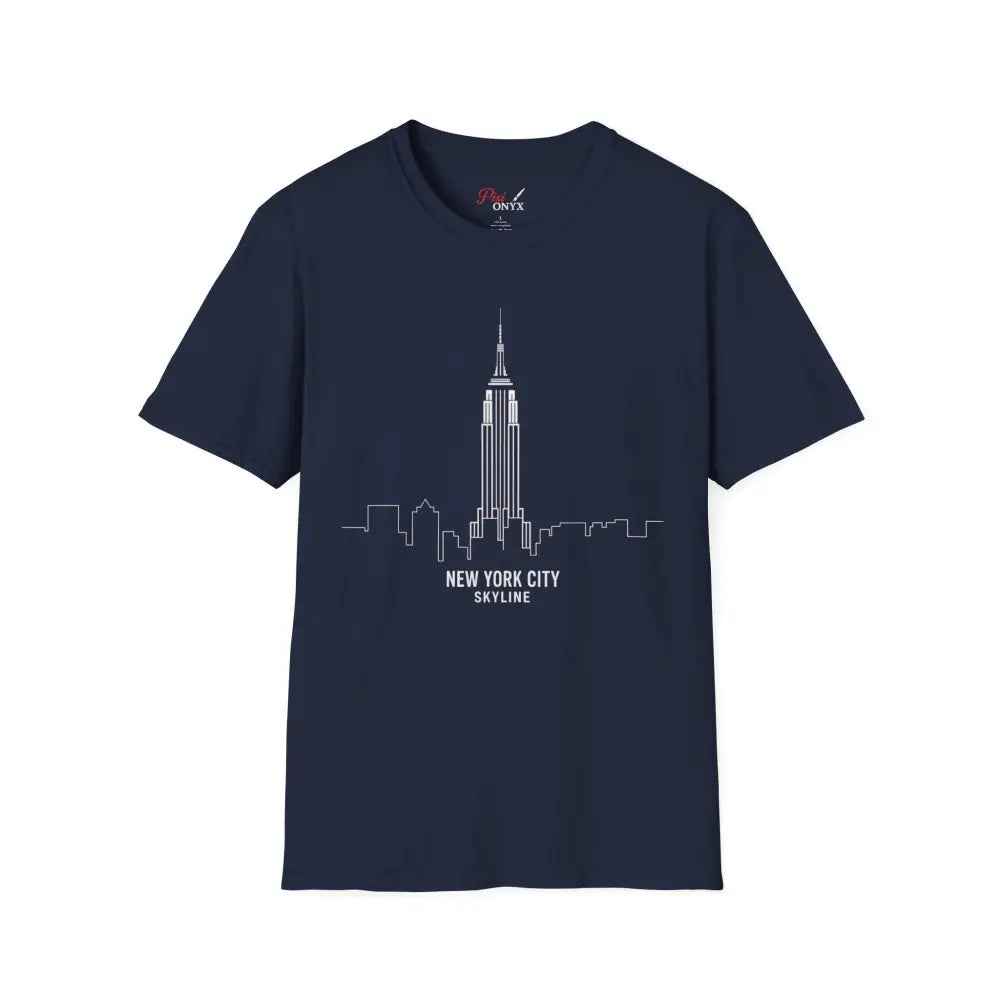 Dark blue NYC skyline T-shirt with Empire State Building graphic, machine washable, low heat tumble dry
