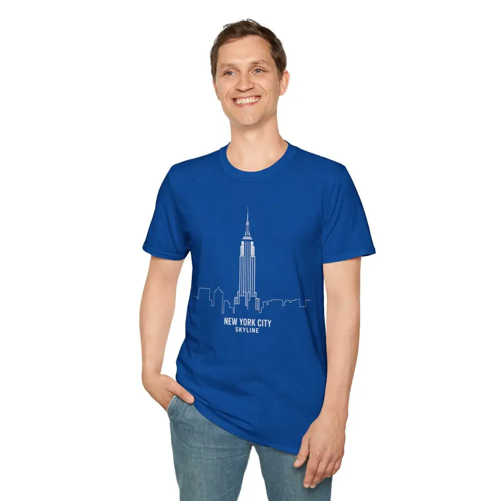 Royal blue short-sleeve T-shirt with NYC skyline graphic, machine wash, low heat, tumble dry