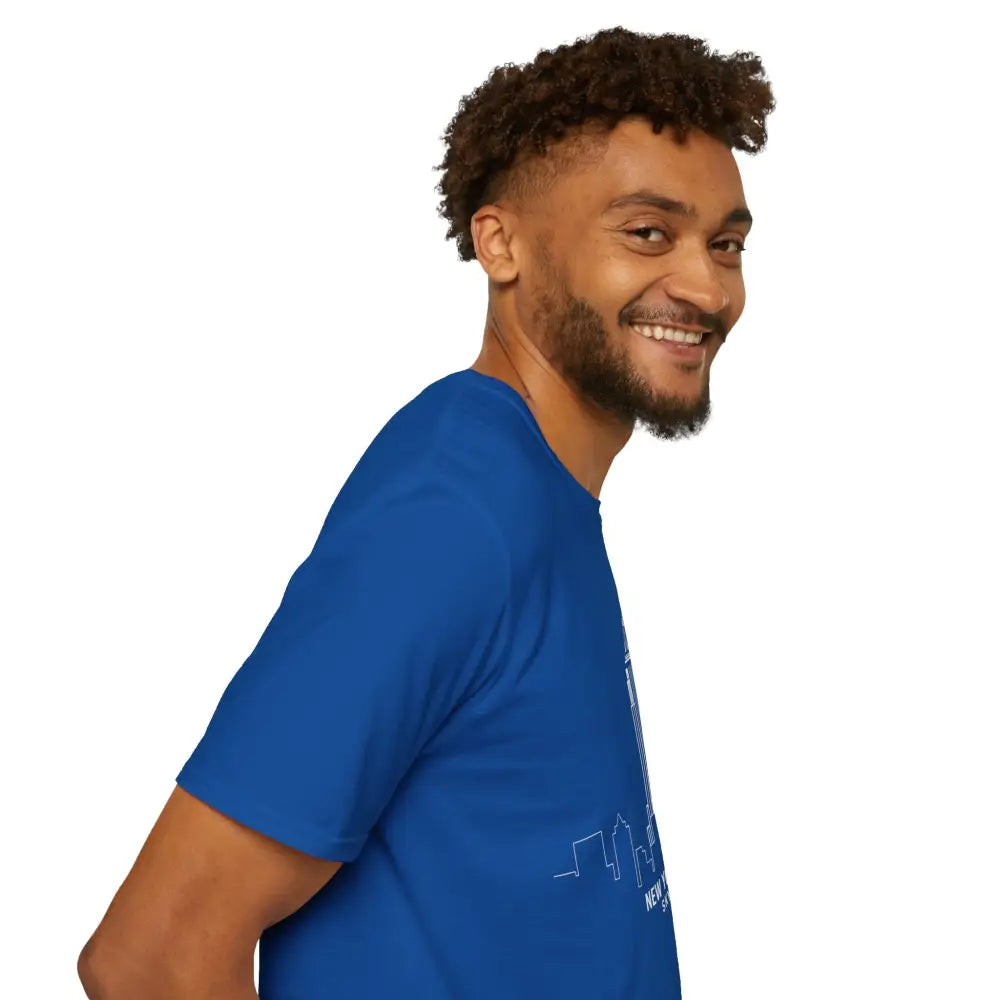 Man wearing New York City Skyline T-Shirt with urban design, machine wash, tumble dry safe