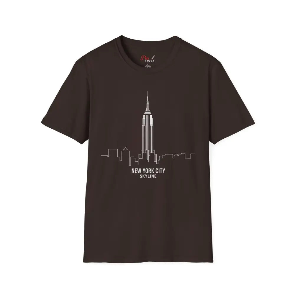 Dark brown New York City Skyline T-Shirt with white outline, machine washable, tumble dry low