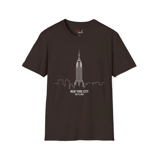Dark brown New York City Skyline T-Shirt with white outline, machine washable, tumble dry low