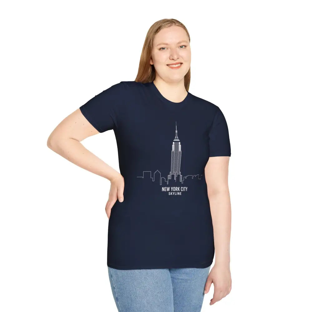 Woman wearing a dark blue New York City Skyline T-Shirt with cool urban graphic, machine wash safe