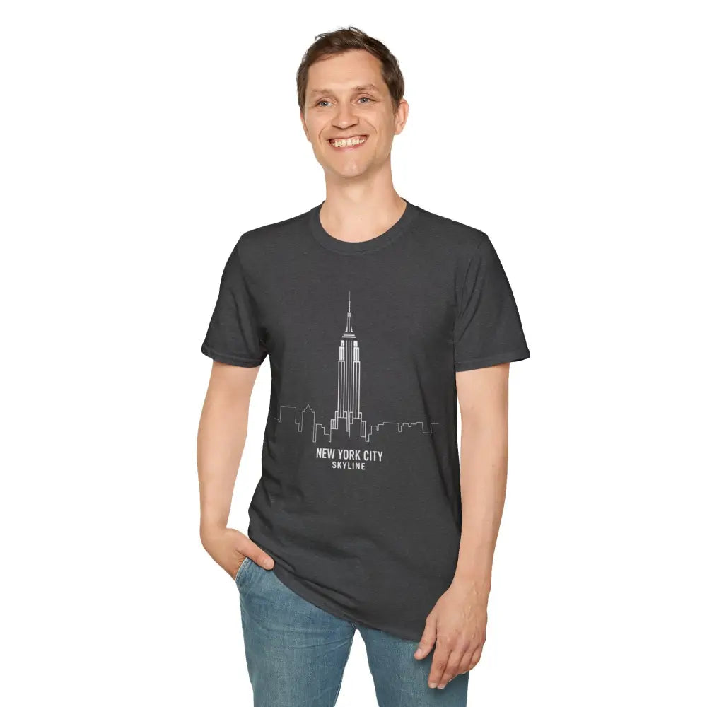 Man wearing dark gray New York City Skyline T-Shirt with urban graphic, machine wash safe