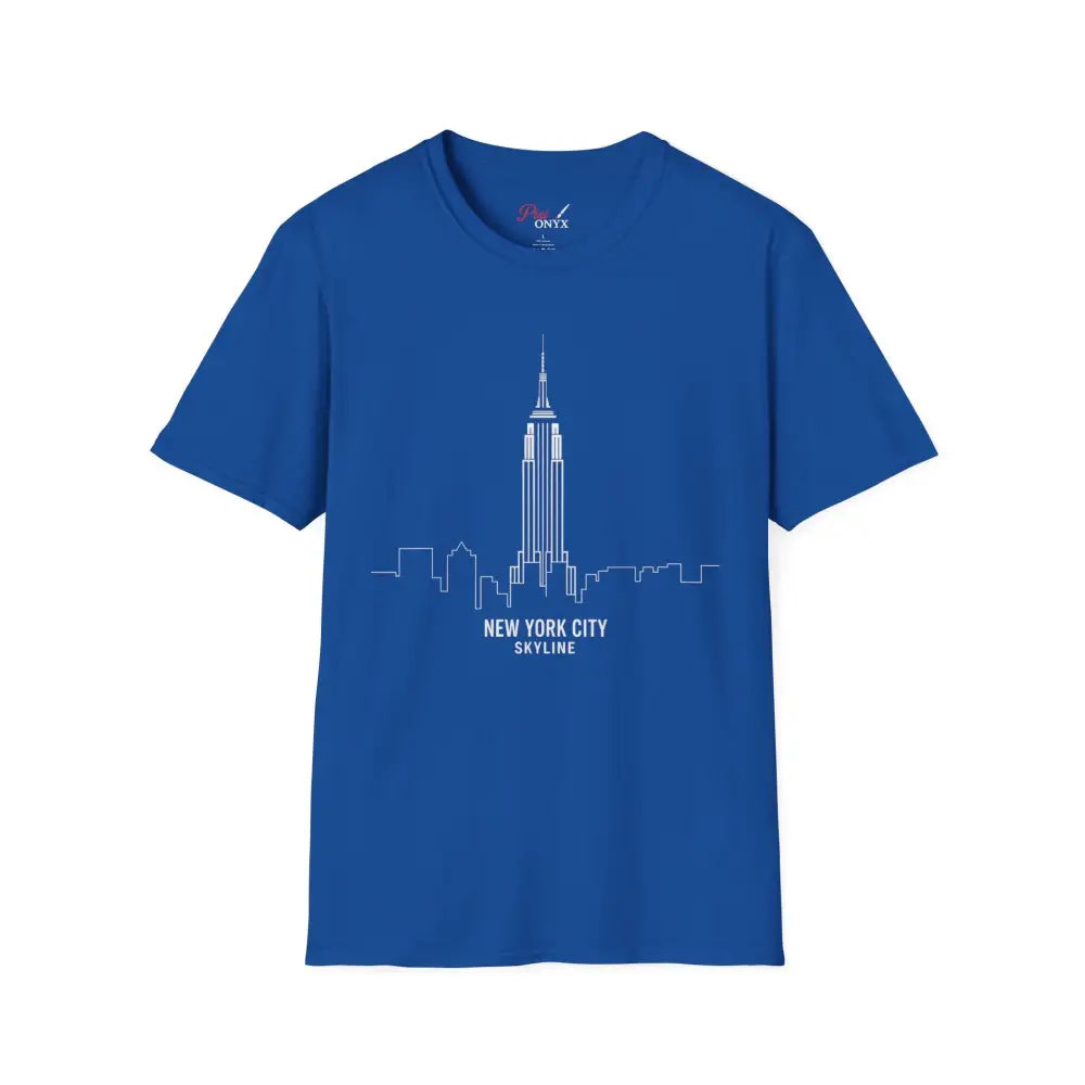 Blue short-sleeved NYC skyline T-shirt with white line art, machine washable, tumble dry low