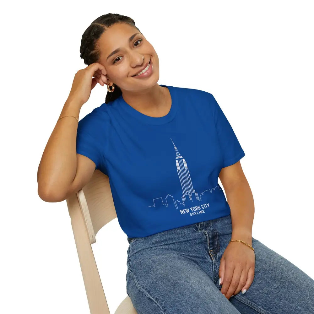 Woman in a blue crop top and jeans on NYC Skyline T-Shirt, machine wash, tumble dry low