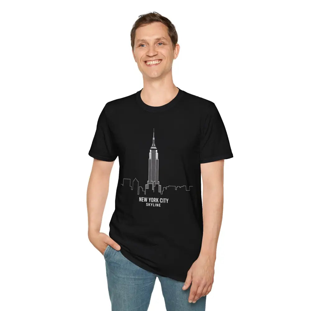 Black NYC skyline T-shirt with white line art, easy to care for with low heat tumble dry machine wash