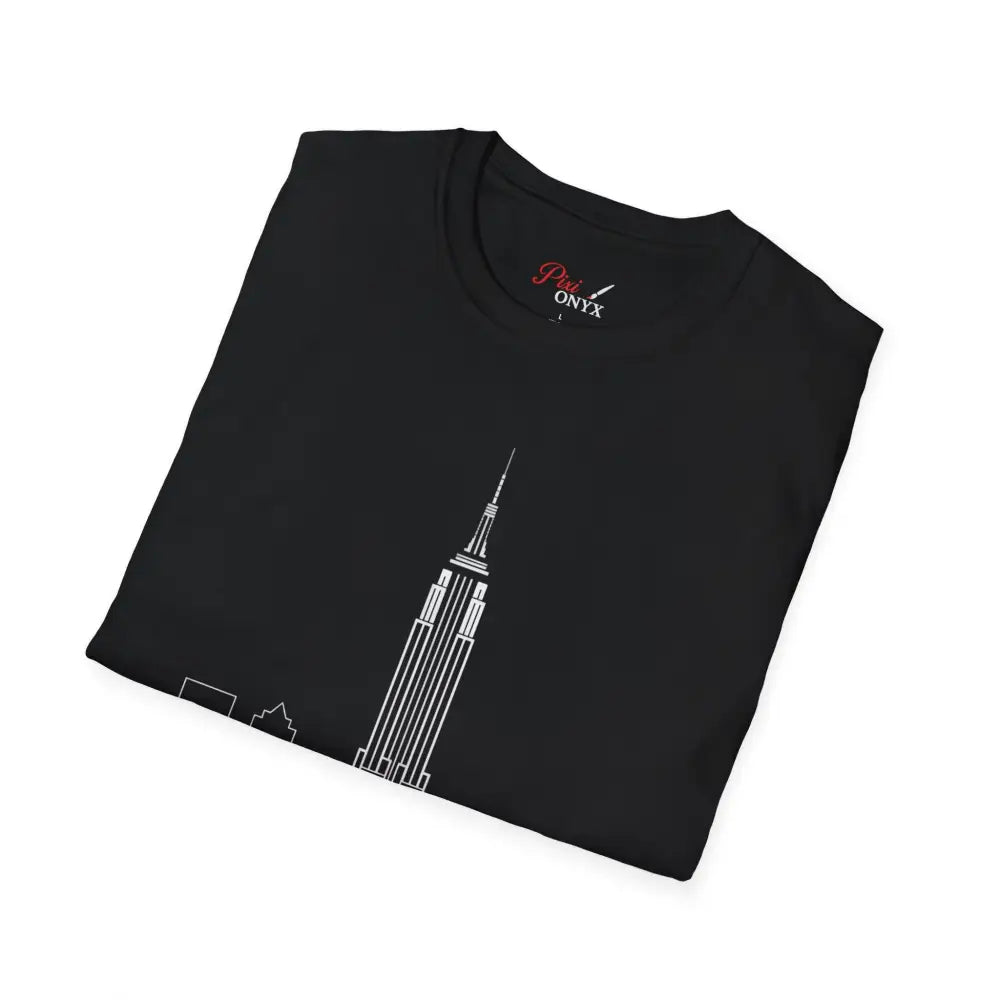 Black crew neck T-shirt with white Empire State Building outline, machine washable, low heat dry